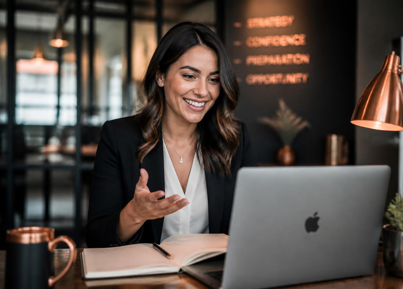 A professional smiling during a mock interview session on a laptop